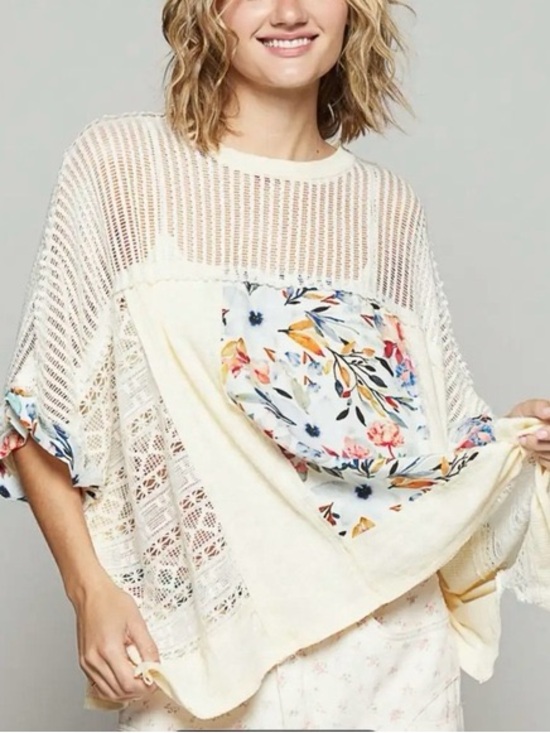 POL Tops - POL Cream Crochet Short Sleeve Tee with Floral Panel